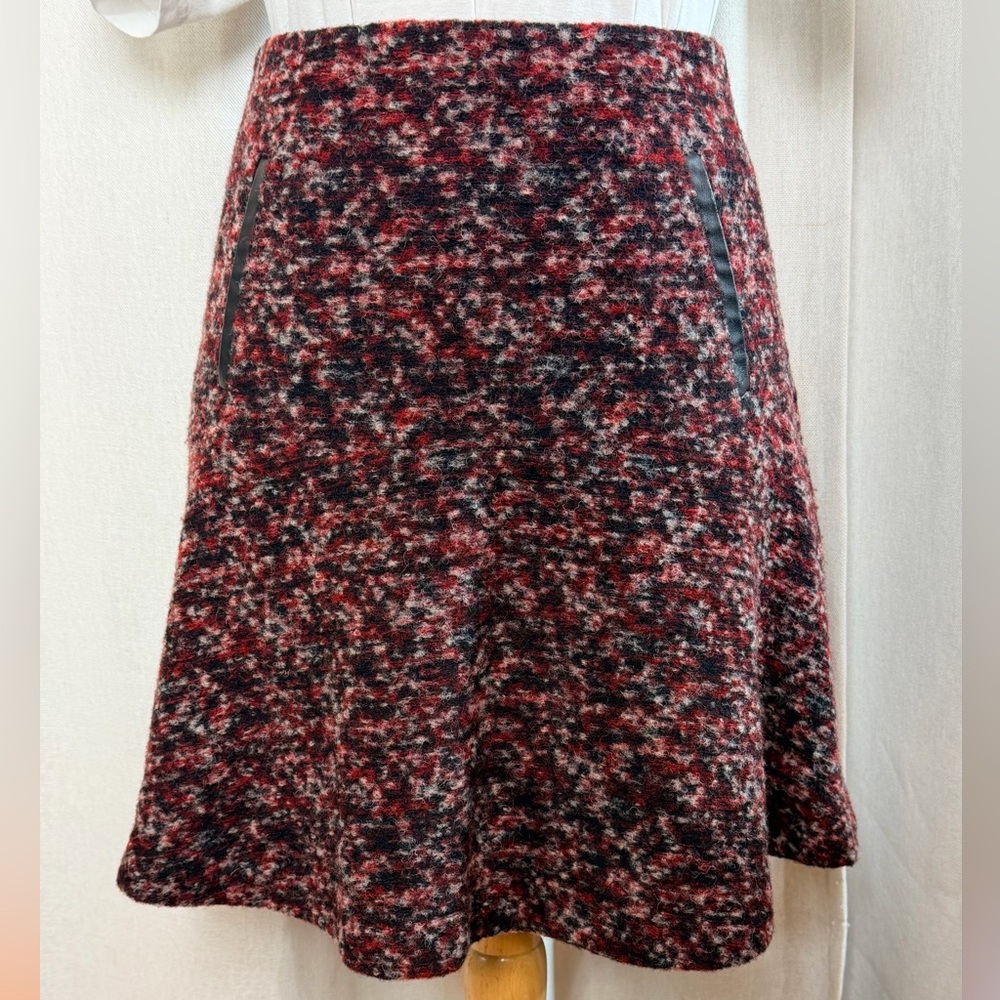 Ann Taylor Wool Blend Flounce Hem A-Line Skirt 2 Red Black Tweed Faux Leathr Trm